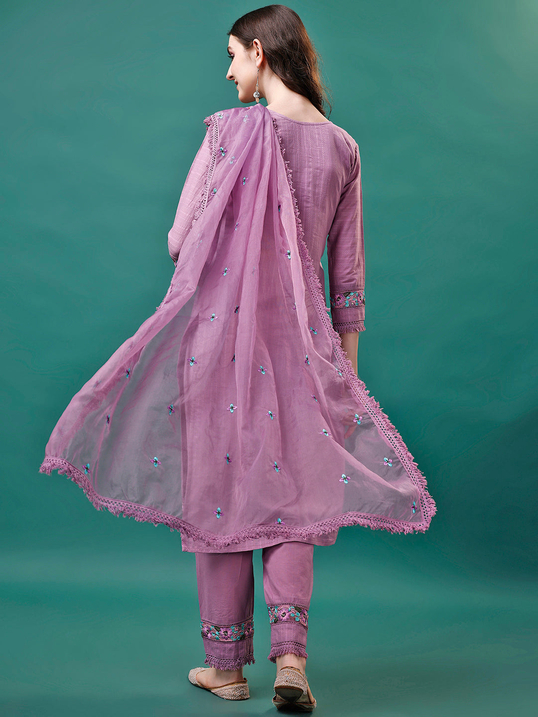 Embroidered Kurta With Pant & Embroidered Organza Dupatta, Multicolor - Hiral Fashion