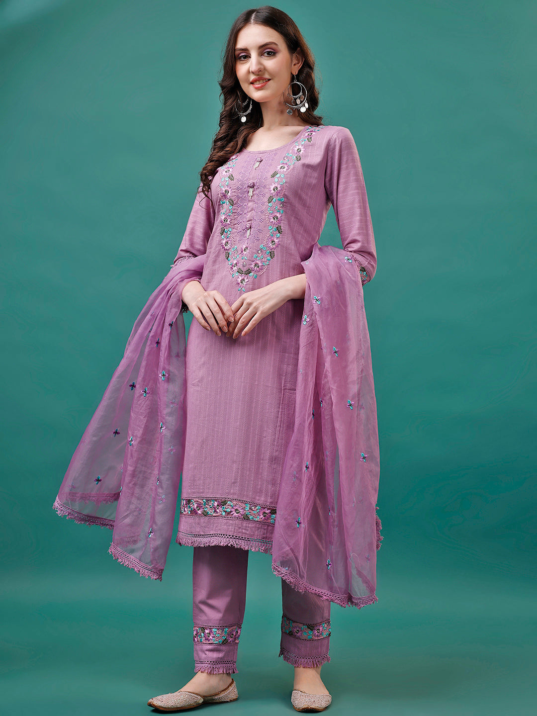 Embroidered Kurta With Pant & Embroidered Organza Dupatta, Multicolor - Hiral Fashion