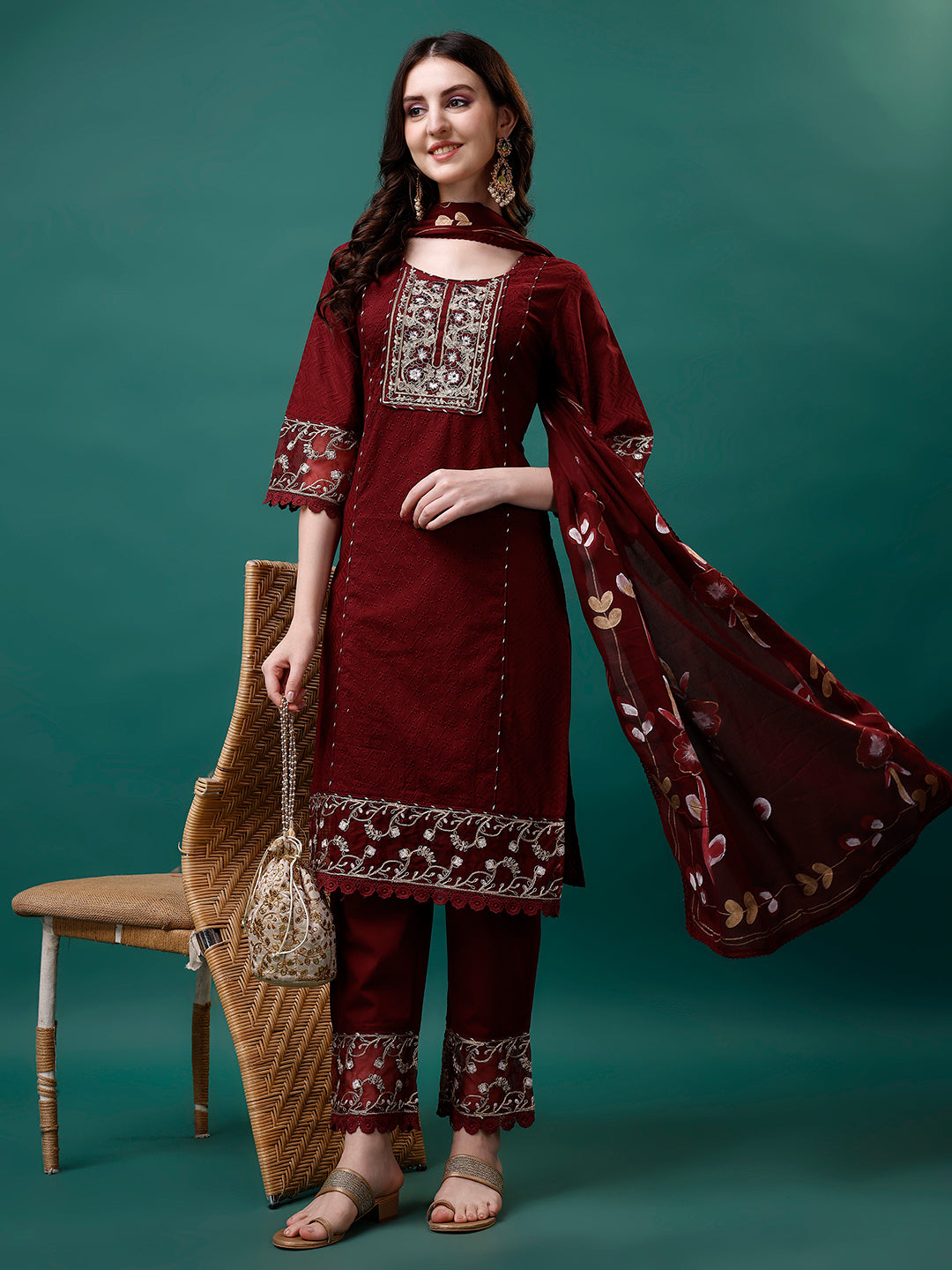 Embroidered Kurta With Pant & Embroidered Printed Dupatta, Multicolor - Hiral Fashion