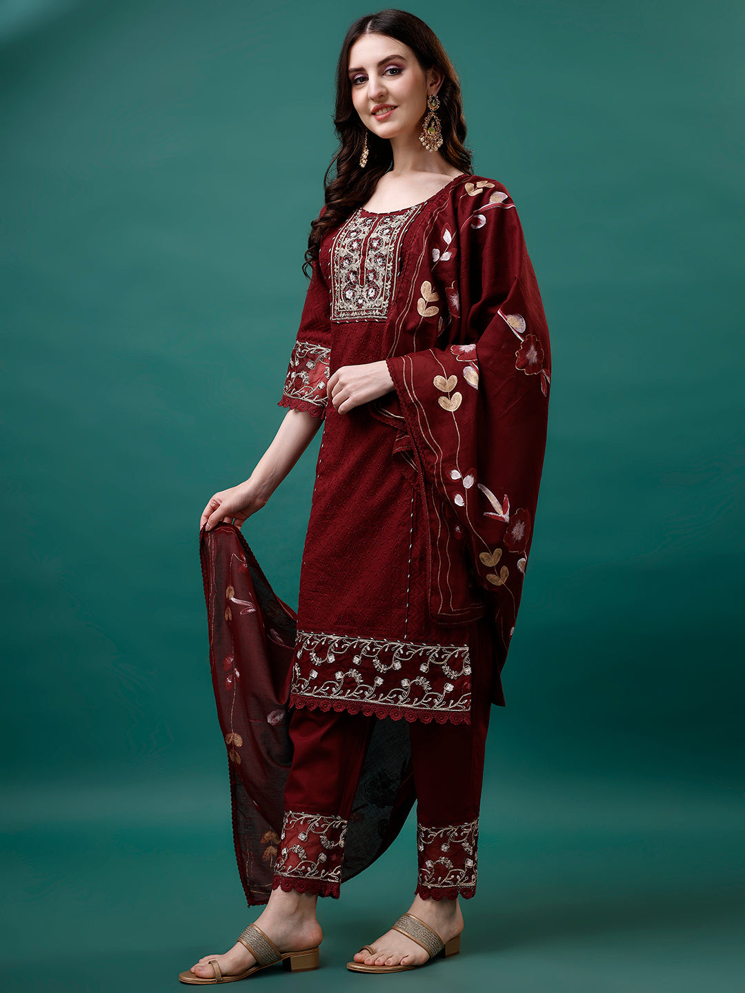 Embroidered Kurta With Pant & Embroidered Printed Dupatta, Multicolor - Hiral Fashion
