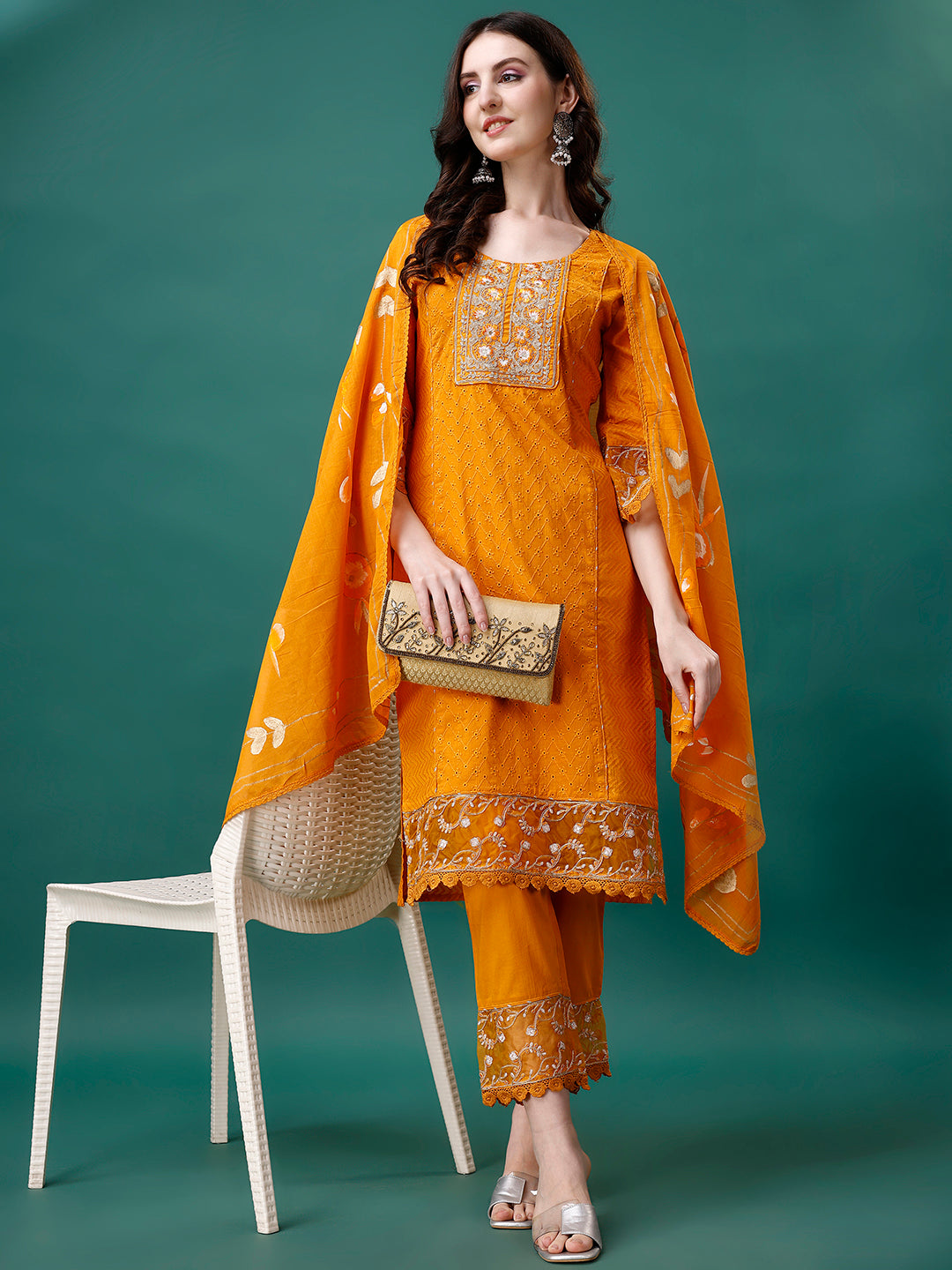 Embroidered Kurta With Pant & Embroidered Printed Dupatta, Multicolor - Hiral Fashion