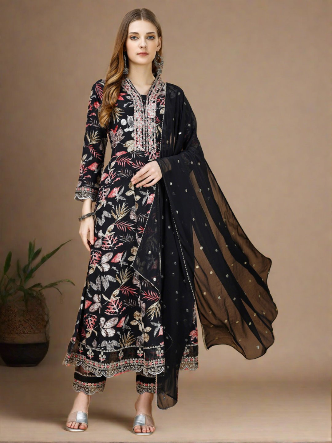 Floral Printed & Embroidered Anarkali Kurta With Embroidered Pant & Dupatta Premium Luxury, Multicolor - Hiral Fashion