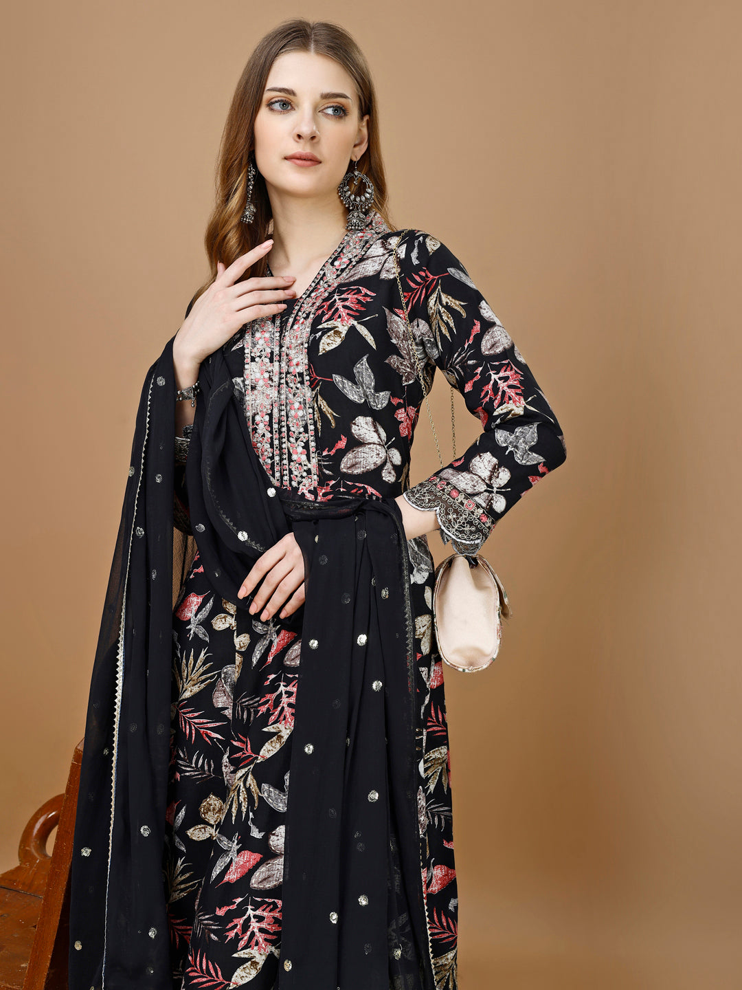 Floral Printed & Embroidered Anarkali Kurta With Embroidered Pant & Dupatta Premium Luxury, Multicolor - Hiral Fashion