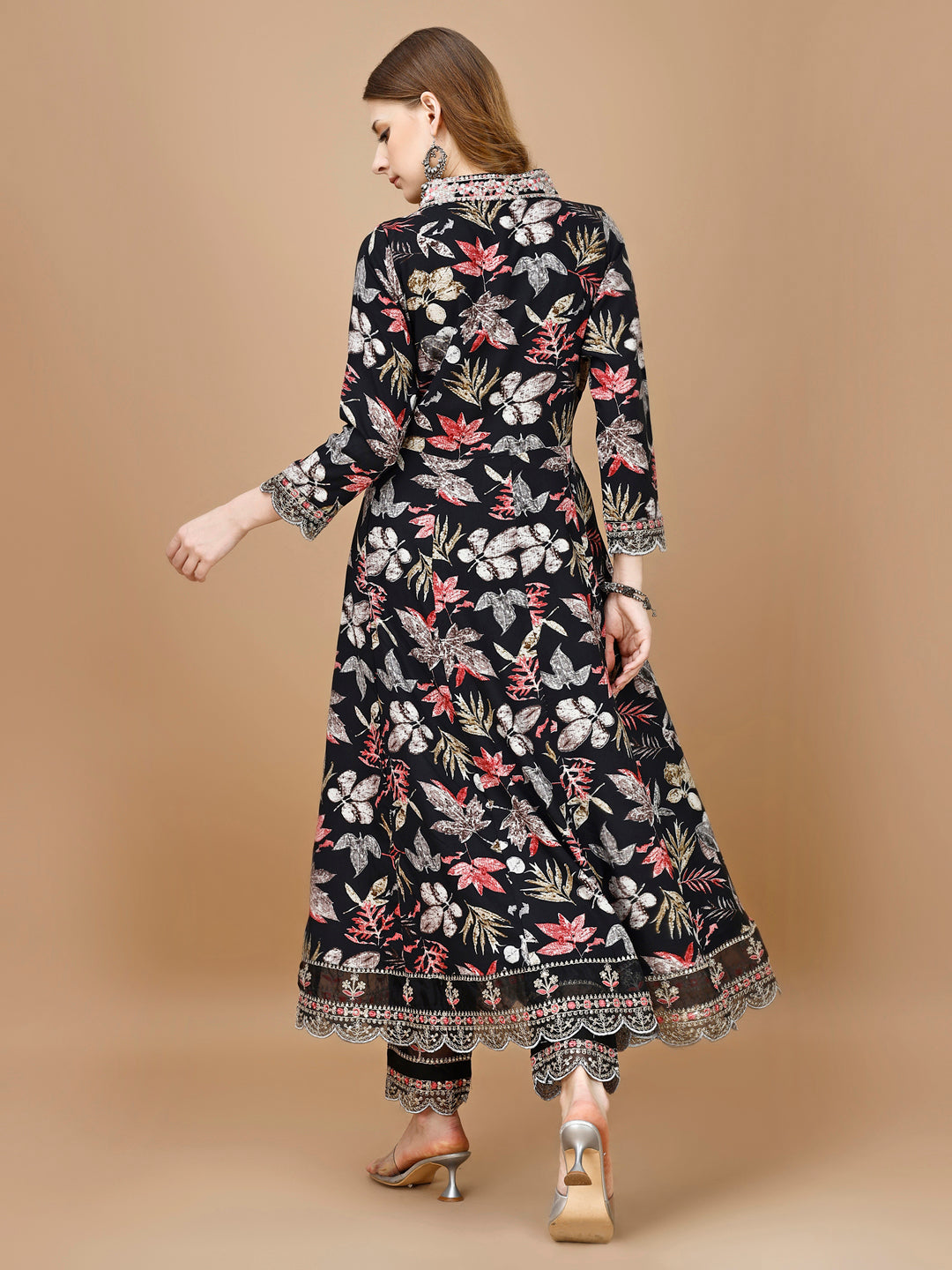 Floral Printed & Embroidered Anarkali Kurta With Embroidered Pant & Dupatta Premium Luxury, Multicolor - Hiral Fashion