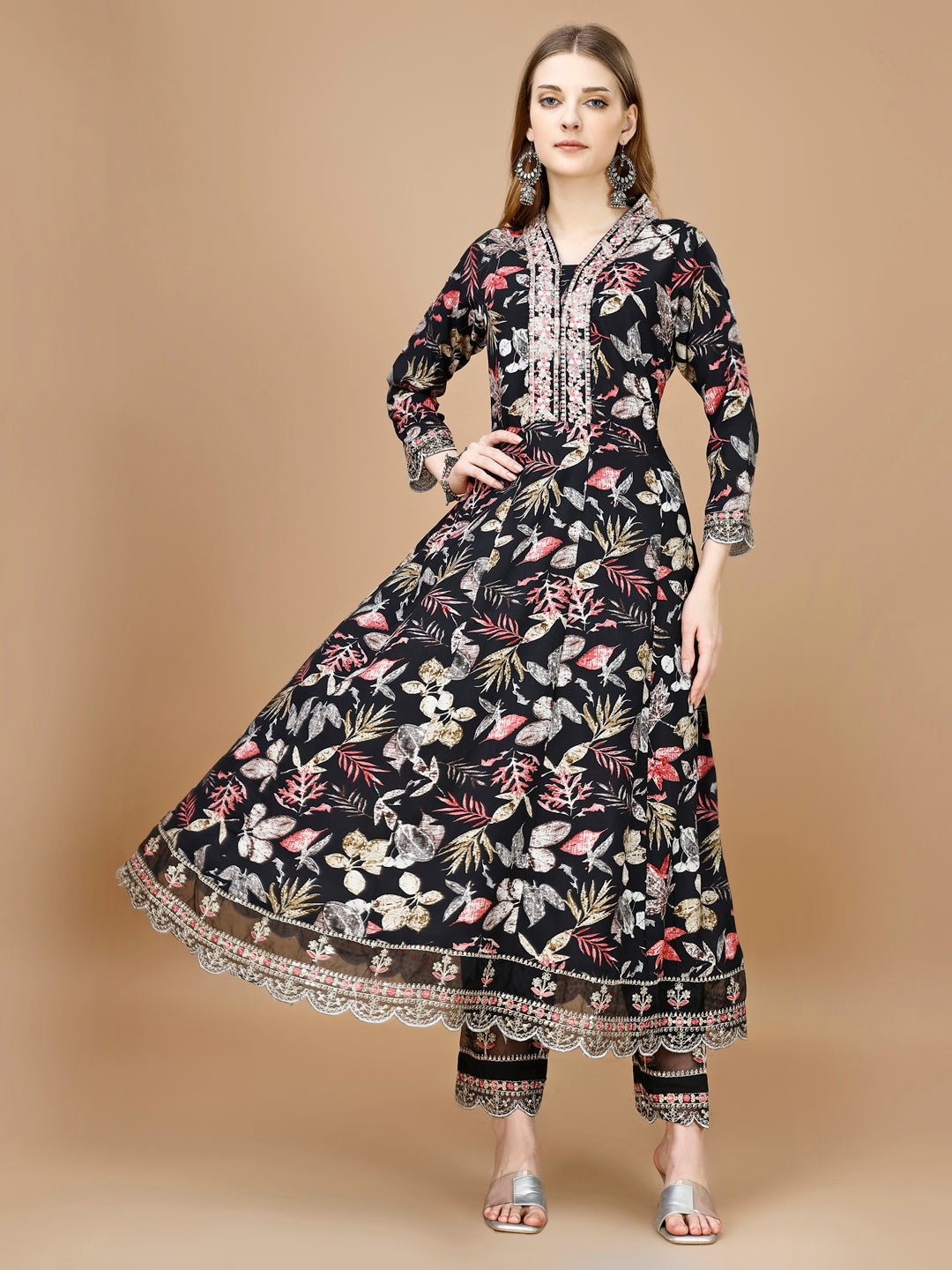 Floral Printed & Embroidered Anarkali Kurta With Embroidered Pant & Dupatta Premium Luxury, Multicolor - Hiral Fashion