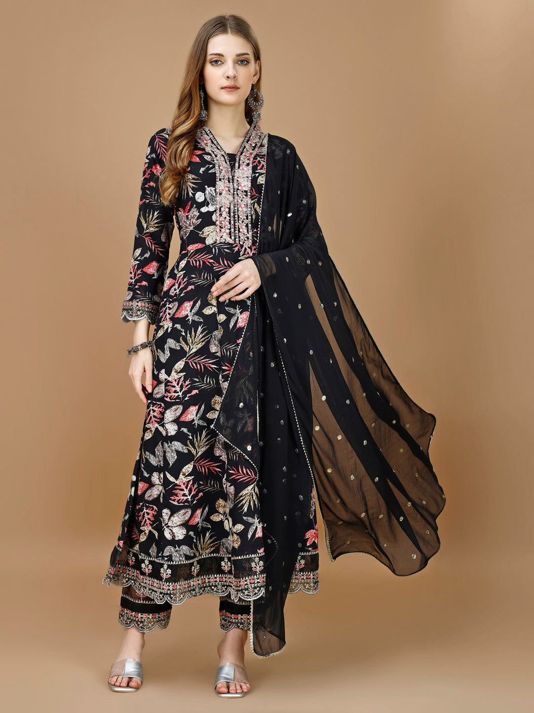 Floral Printed & Embroidered Anarkali Kurta With Embroidered Pant & Dupatta Premium Luxury, Multicolor - Hiral Fashion