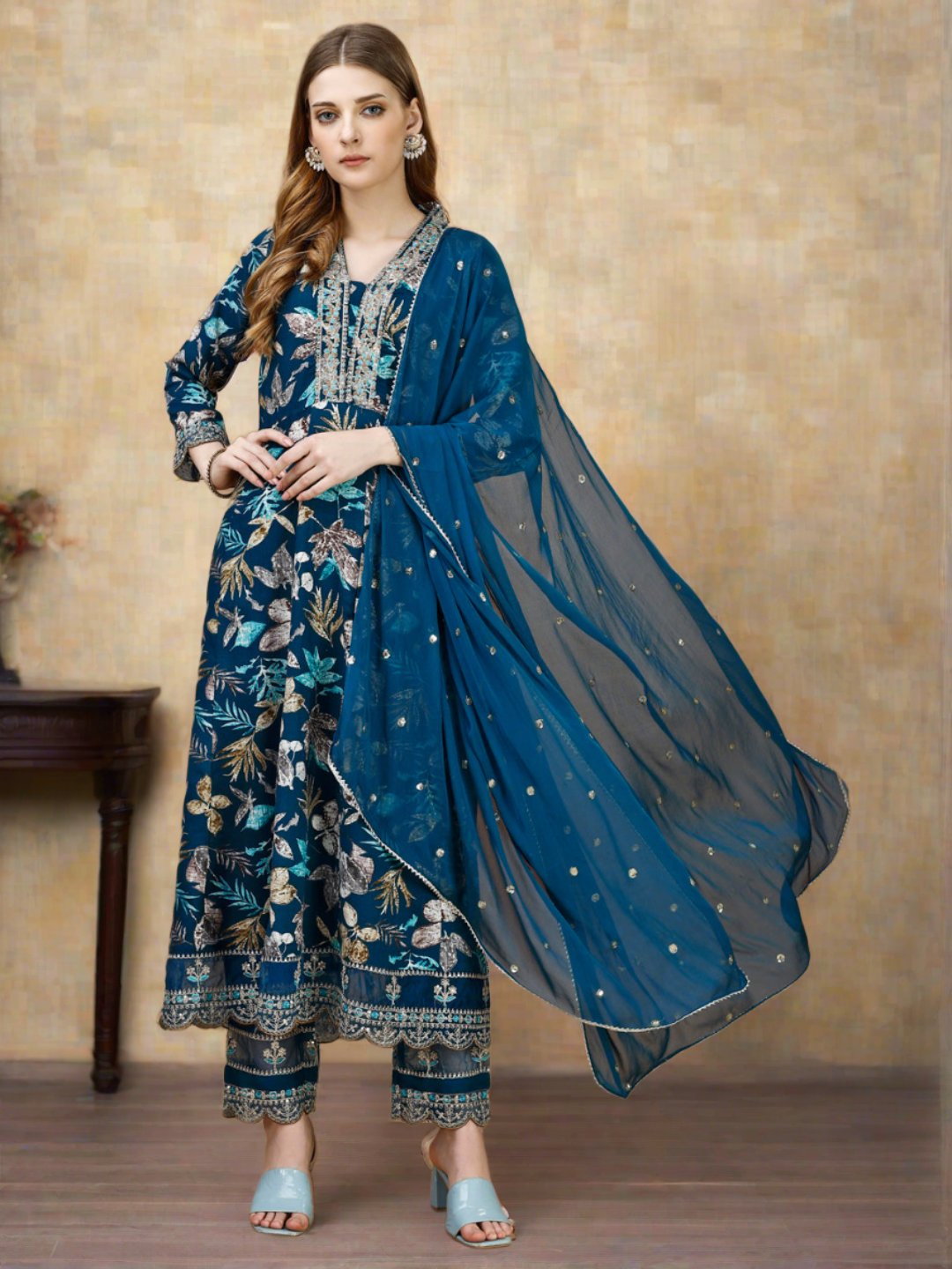 Floral Printed & Embroidered Anarkali Kurta With Embroidered Pant & Dupatta Premium Luxury, Multicolor - Hiral Fashion
