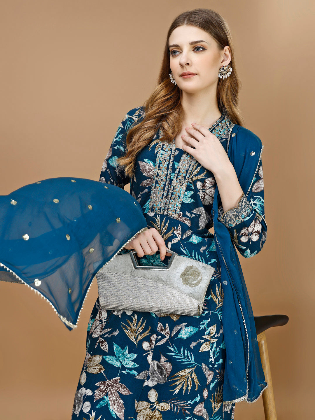 Floral Printed & Embroidered Anarkali Kurta With Embroidered Pant & Dupatta Premium Luxury, Multicolor - Hiral Fashion