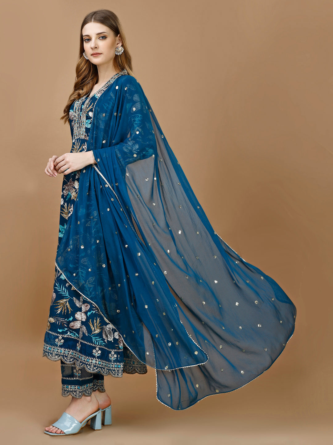 Floral Printed & Embroidered Anarkali Kurta With Embroidered Pant & Dupatta Premium Luxury, Multicolor - Hiral Fashion