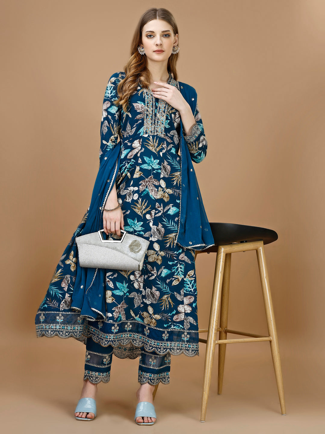 Floral Printed & Embroidered Anarkali Kurta With Embroidered Pant & Dupatta Premium Luxury, Multicolor - Hiral Fashion