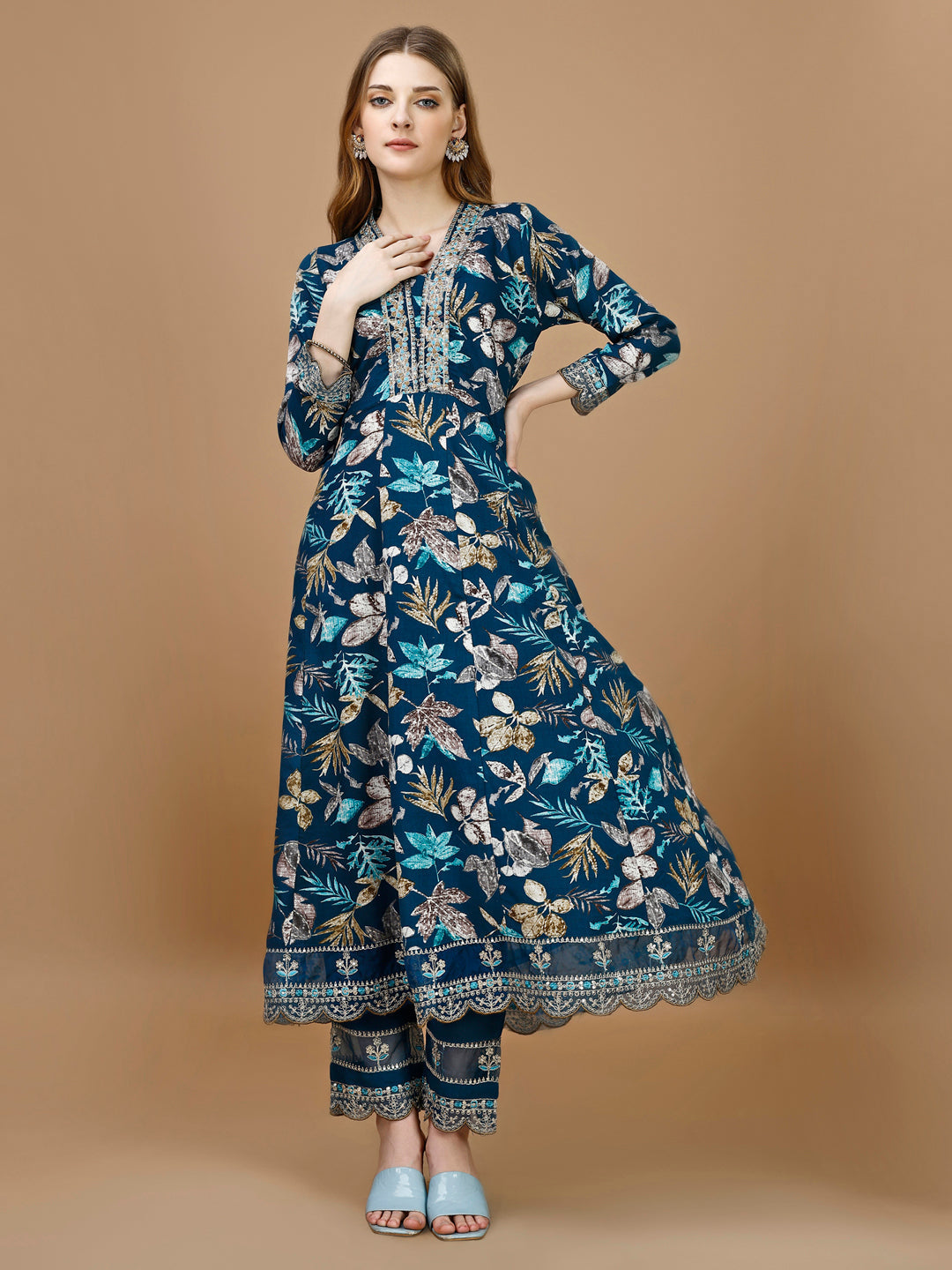 Floral Printed & Embroidered Anarkali Kurta With Embroidered Pant & Dupatta Premium Luxury, Multicolor - Hiral Fashion
