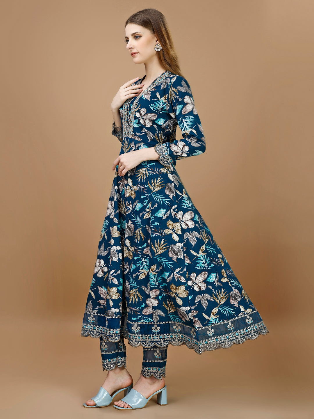 Floral Printed & Embroidered Anarkali Kurta With Embroidered Pant & Dupatta Premium Luxury, Multicolor - Hiral Fashion
