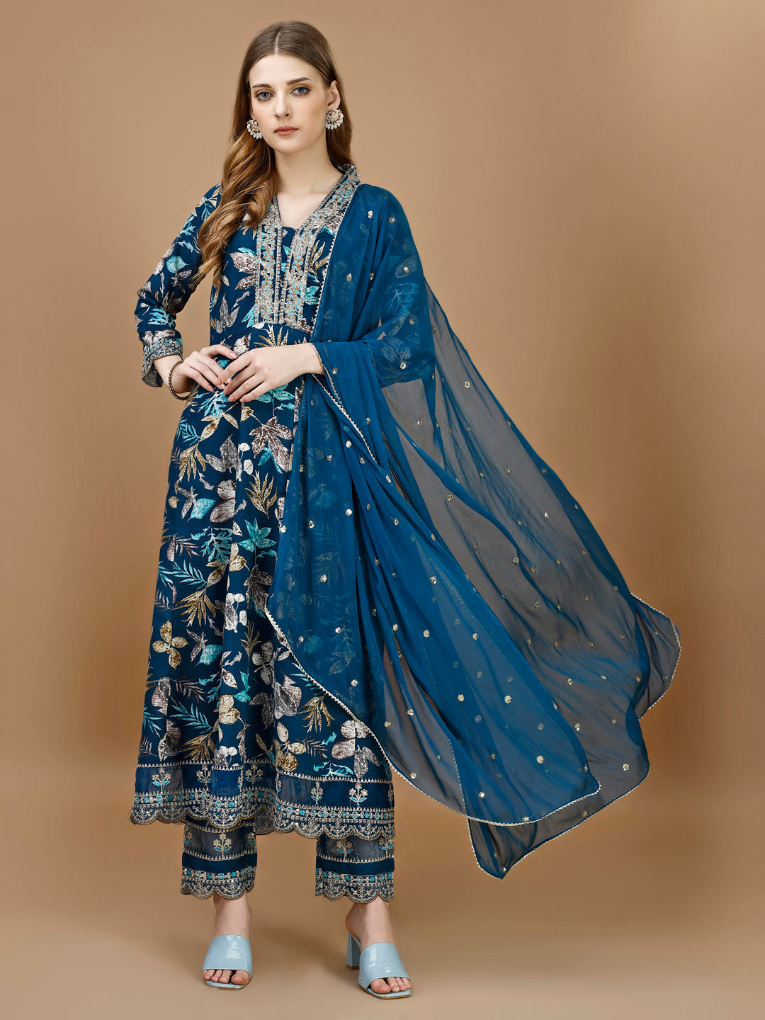 Floral Printed & Embroidered Anarkali Kurta With Embroidered Pant & Dupatta Premium Luxury, Multicolor - Hiral Fashion