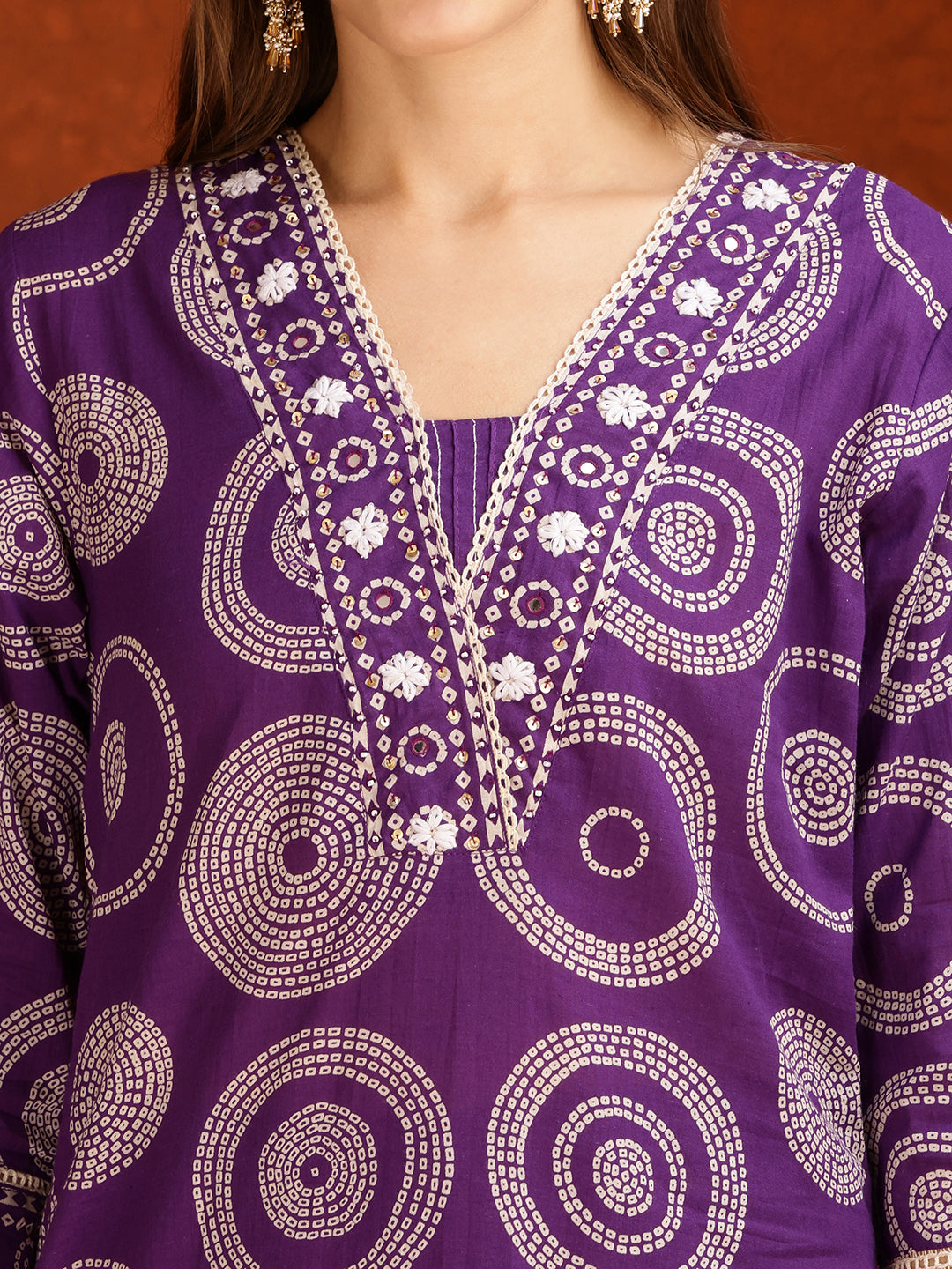 Embroidered & Printed Cotton Kurta With Pant And Dupatta, Purple - Hiral Fashion