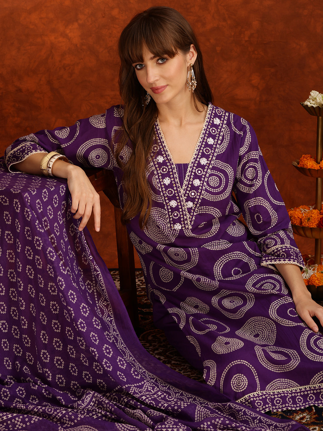 Embroidered & Printed Cotton Kurta With Pant And Dupatta, Purple - Hiral Fashion