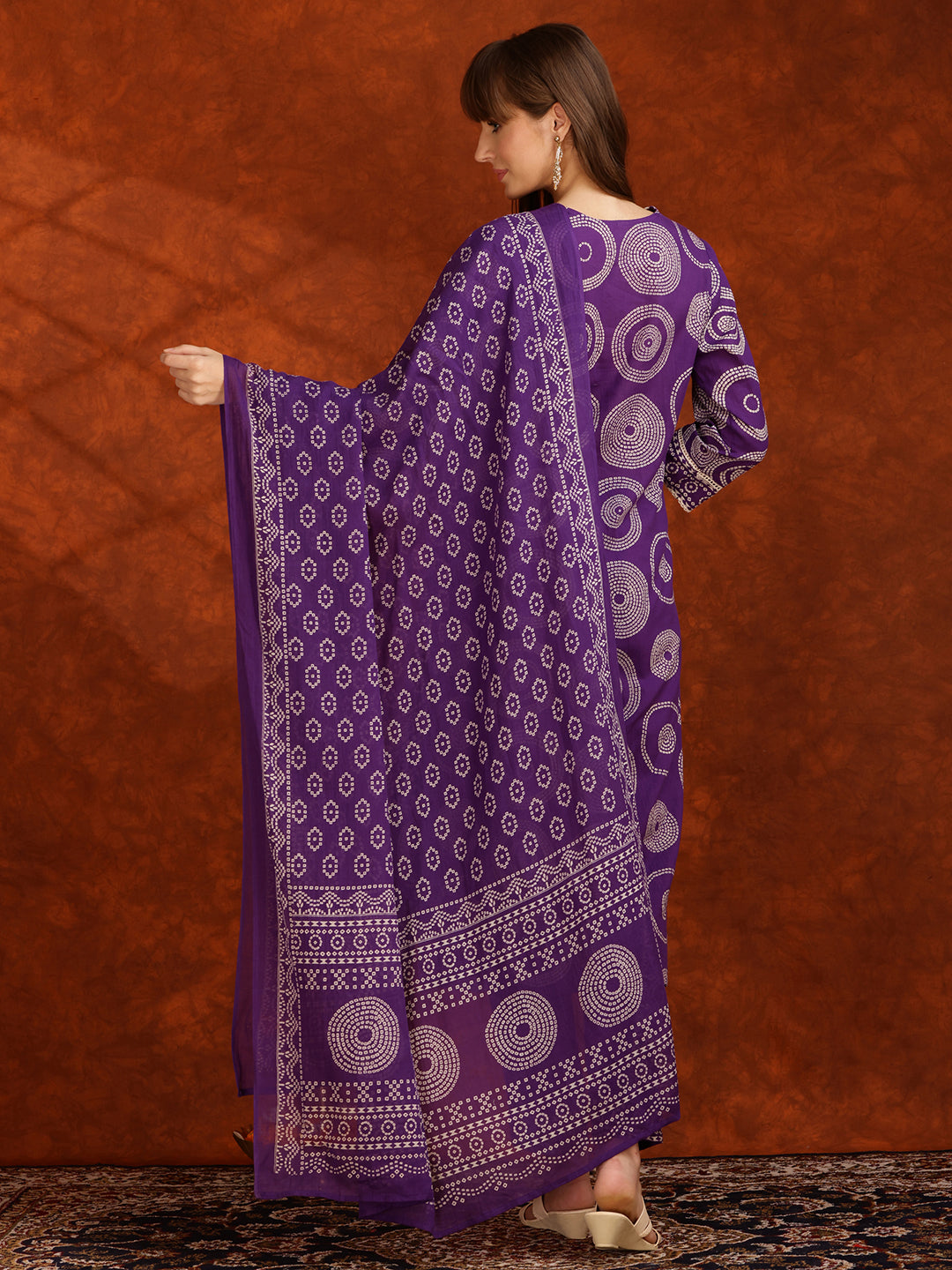 Embroidered & Printed Cotton Kurta With Pant And Dupatta, Purple - Hiral Fashion