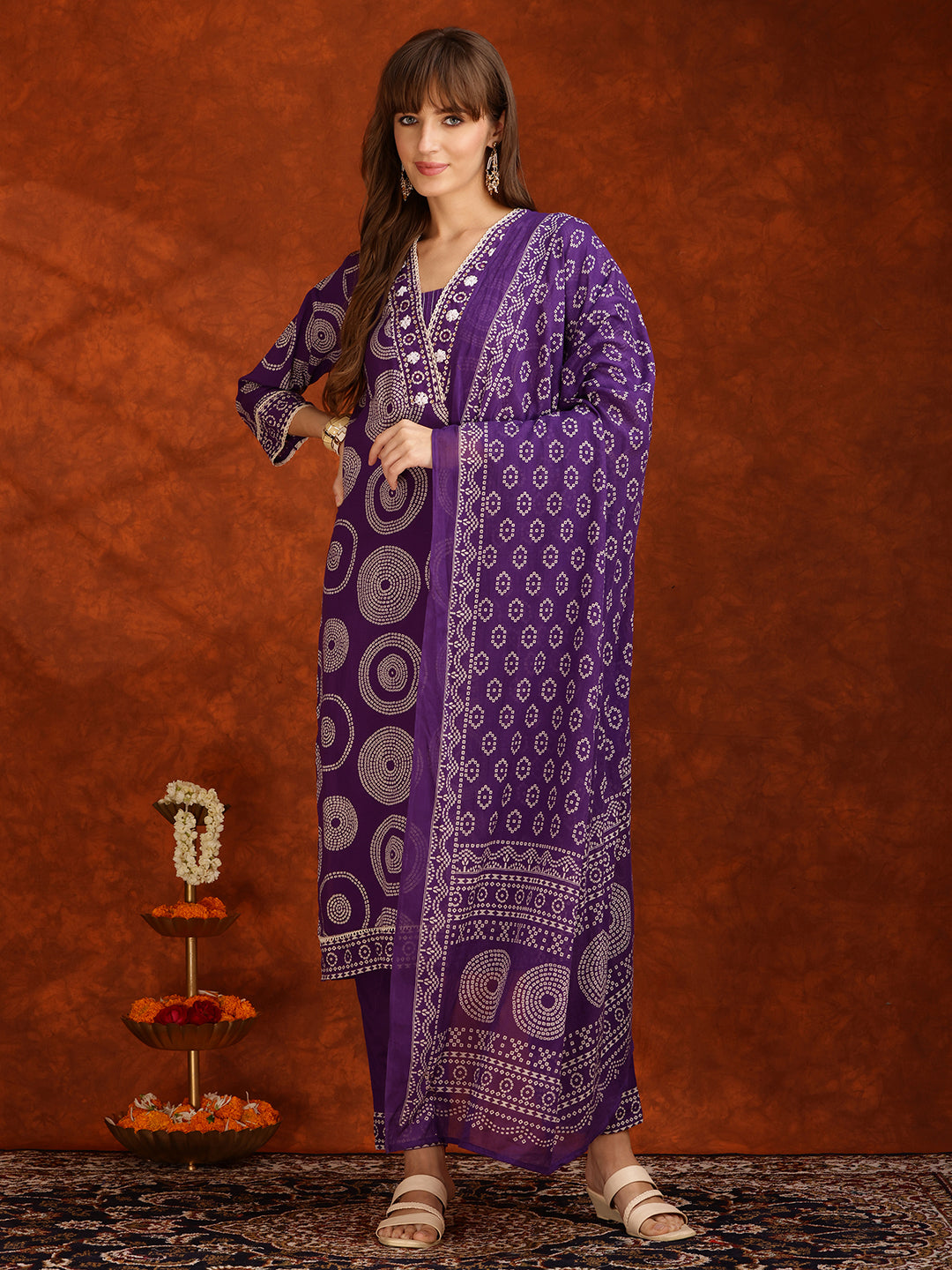 Embroidered & Printed Cotton Kurta With Pant And Dupatta, Purple - Hiral Fashion