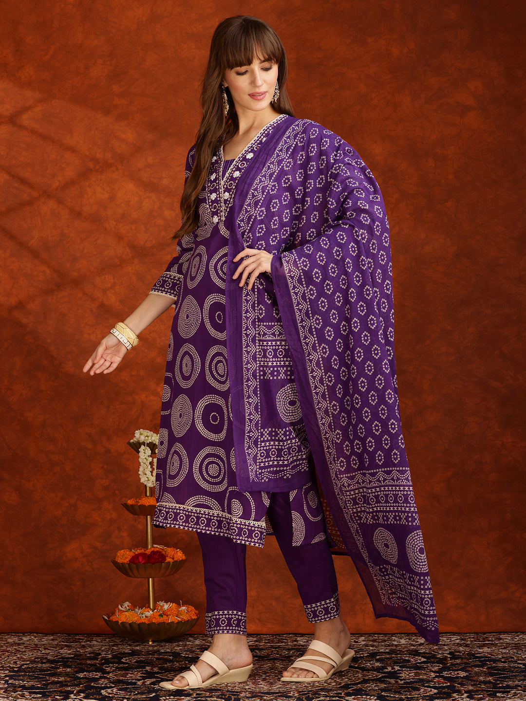 Embroidered & Printed Cotton Kurta With Pant And Dupatta, Purple - Hiral Fashion