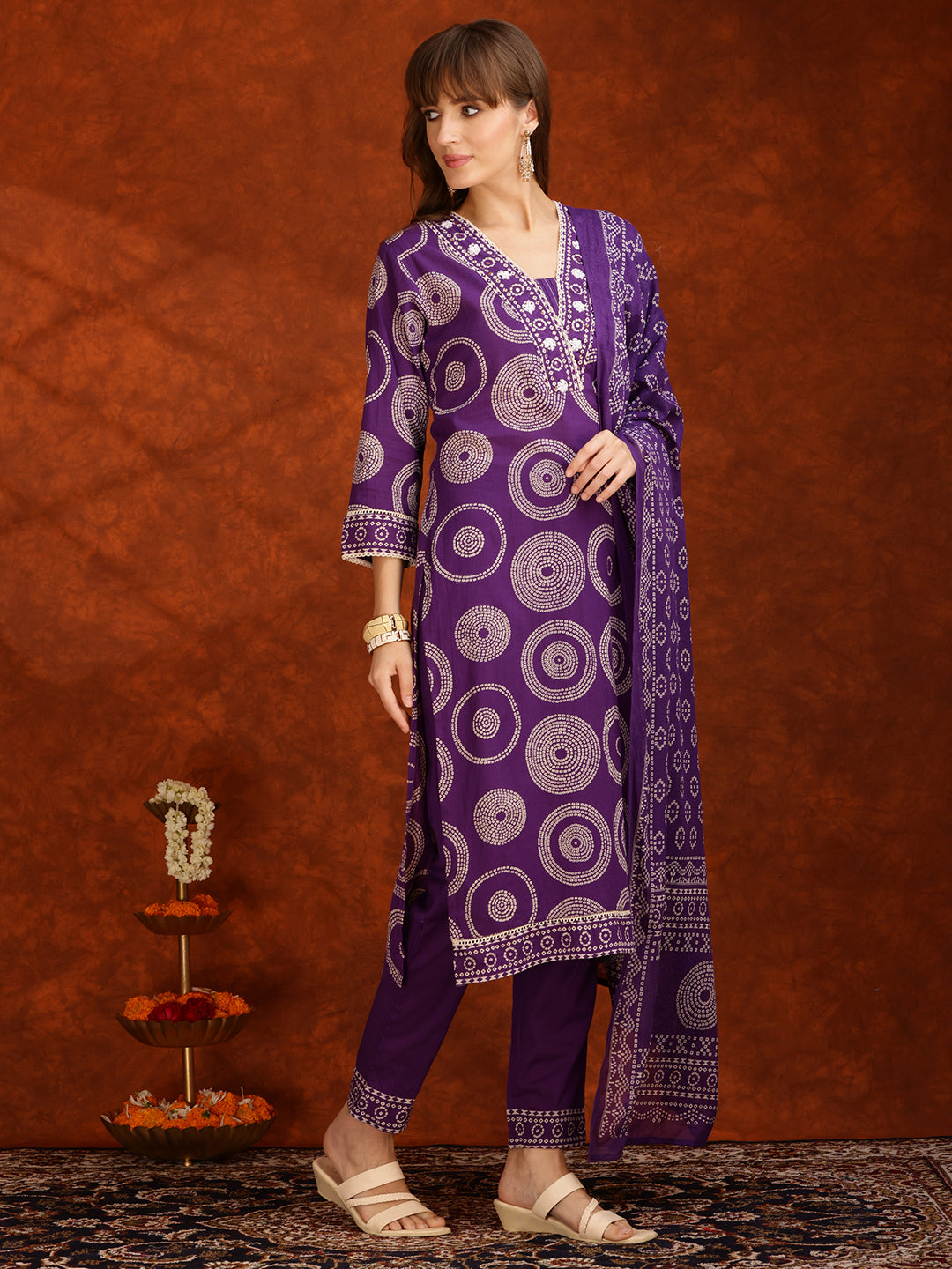 Embroidered & Printed Cotton Kurta With Pant And Dupatta, Purple - Hiral Fashion
