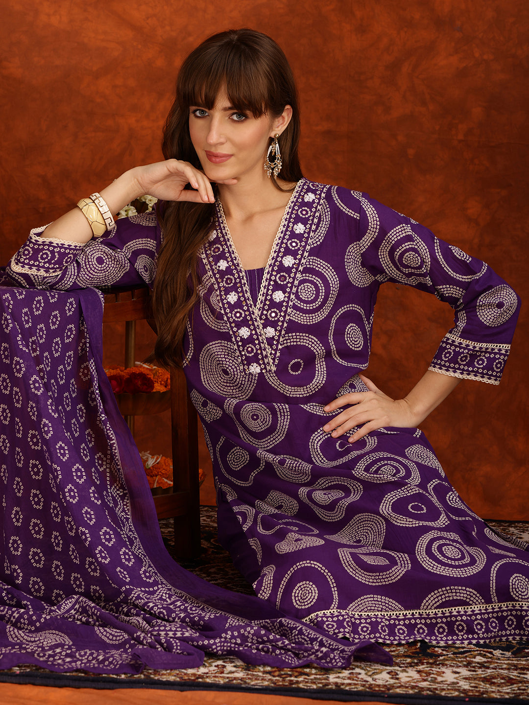 Embroidered & Printed Cotton Kurta With Pant And Dupatta, Purple - Hiral Fashion