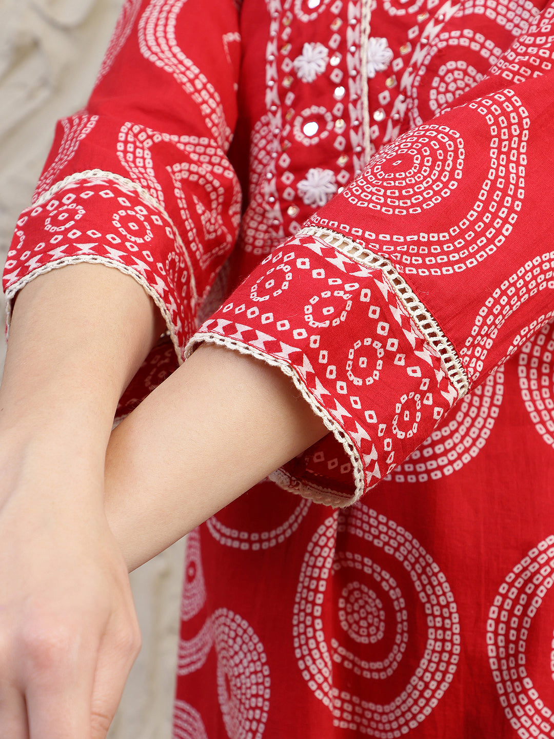 Embroidered & Printed Cotton Kurta With Pant And Dupatta, Red - Hiral Fashion