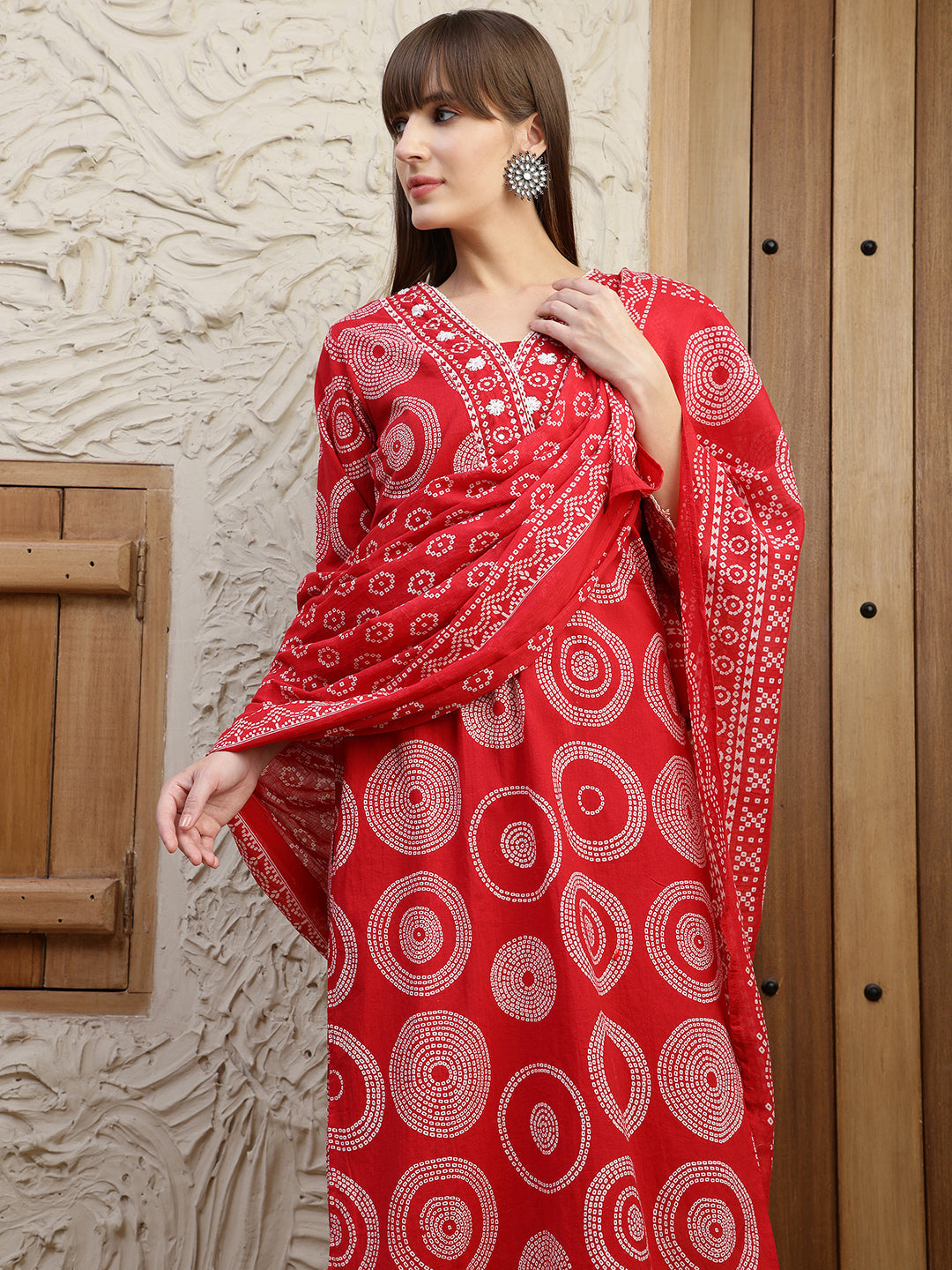 Embroidered & Printed Cotton Kurta With Pant And Dupatta, Red - Hiral Fashion
