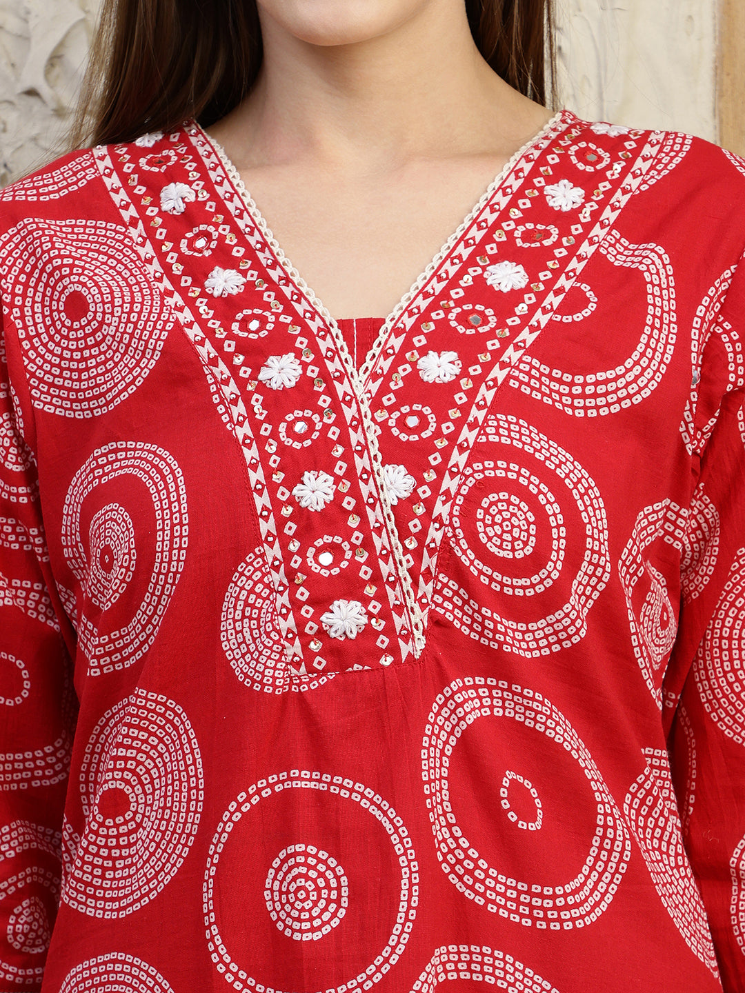 Embroidered & Printed Cotton Kurta With Pant And Dupatta, Red - Hiral Fashion