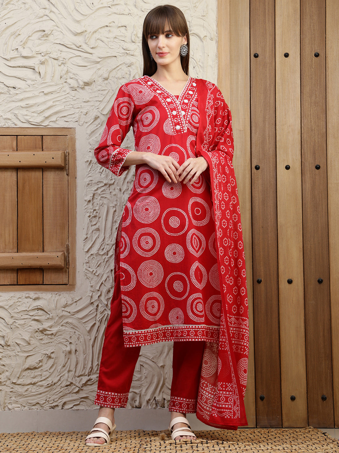 Embroidered & Printed Cotton Kurta With Pant And Dupatta, Red - Hiral Fashion