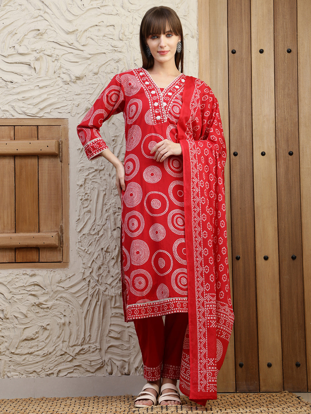 Embroidered & Printed Cotton Kurta With Pant And Dupatta, Red - Hiral Fashion