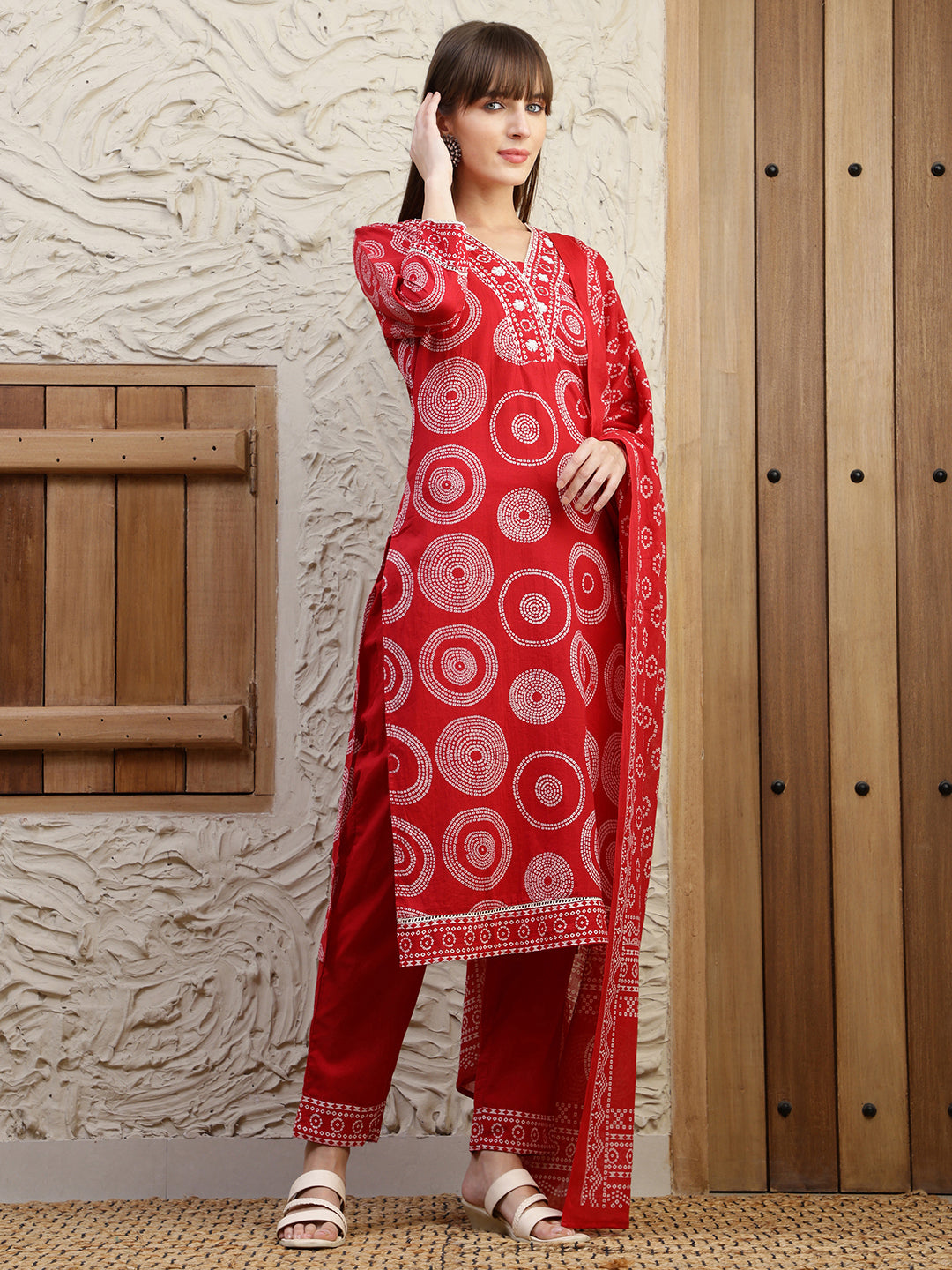 Embroidered & Printed Cotton Kurta With Pant And Dupatta, Red - Hiral Fashion