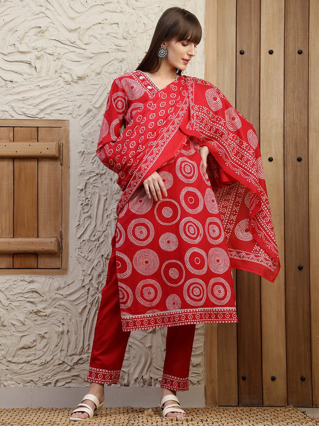 Embroidered & Printed Cotton Kurta With Pant And Dupatta, Red - Hiral Fashion