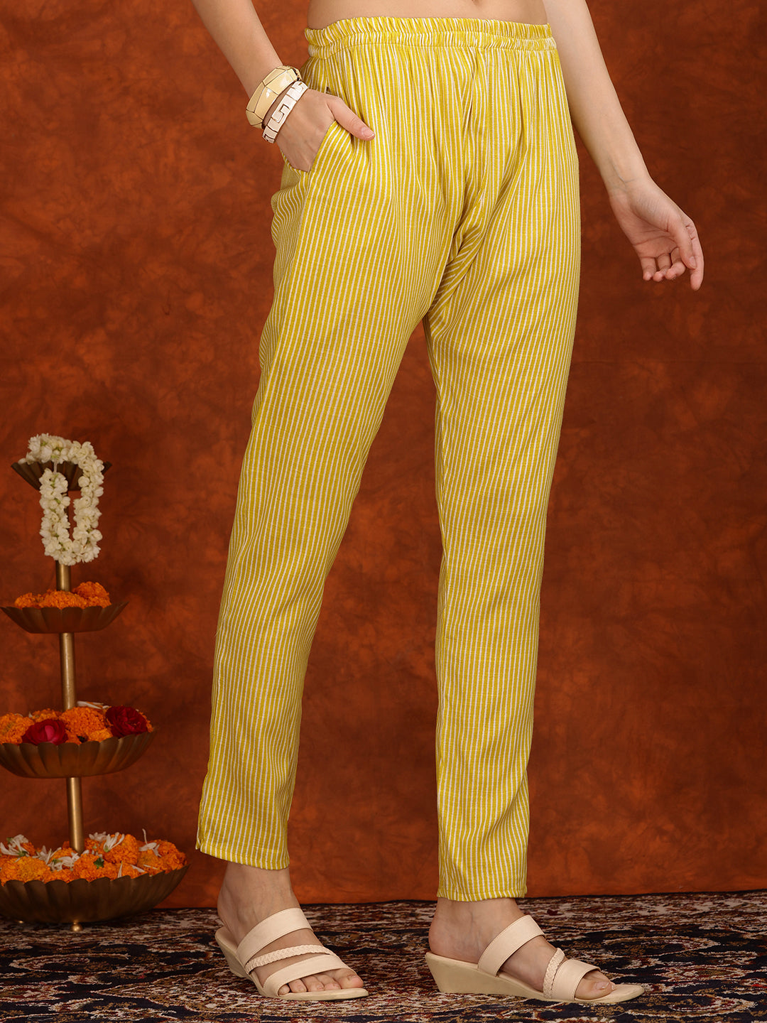 Embroidered & Printed Cotton Kurta With Pant And Dupatta, Yellow - Hiral Fashion