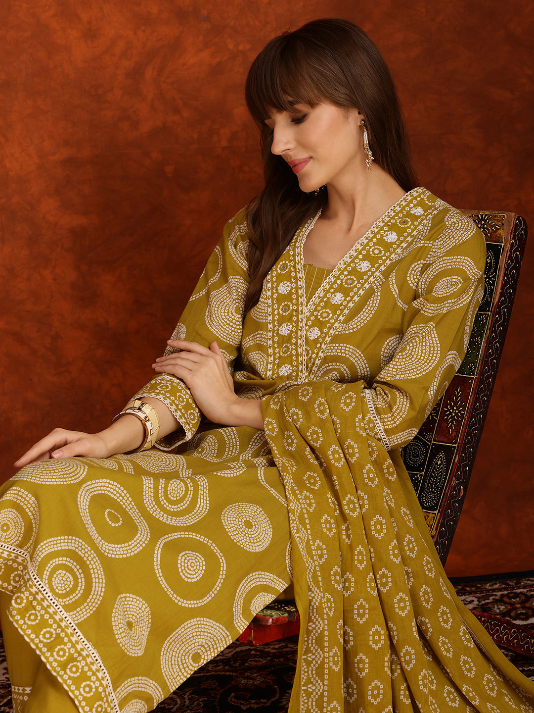 Embroidered & Printed Cotton Kurta With Pant And Dupatta, Yellow - Hiral Fashion