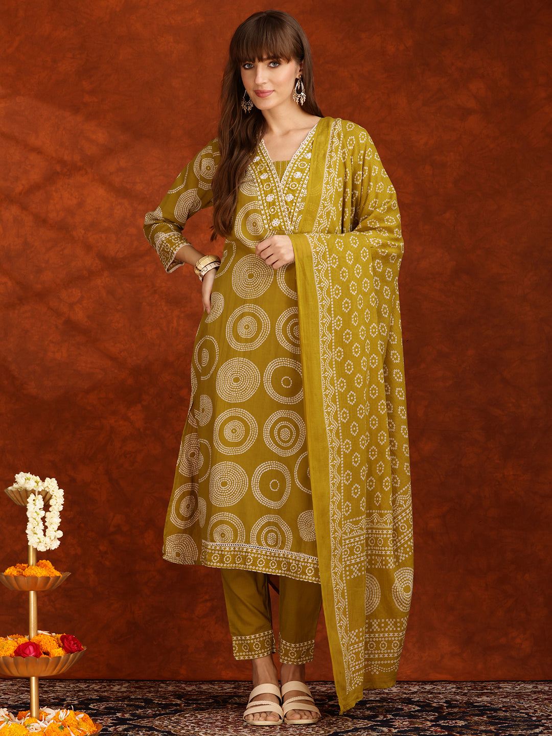 Embroidered & Printed Cotton Kurta With Pant And Dupatta, Yellow - Hiral Fashion