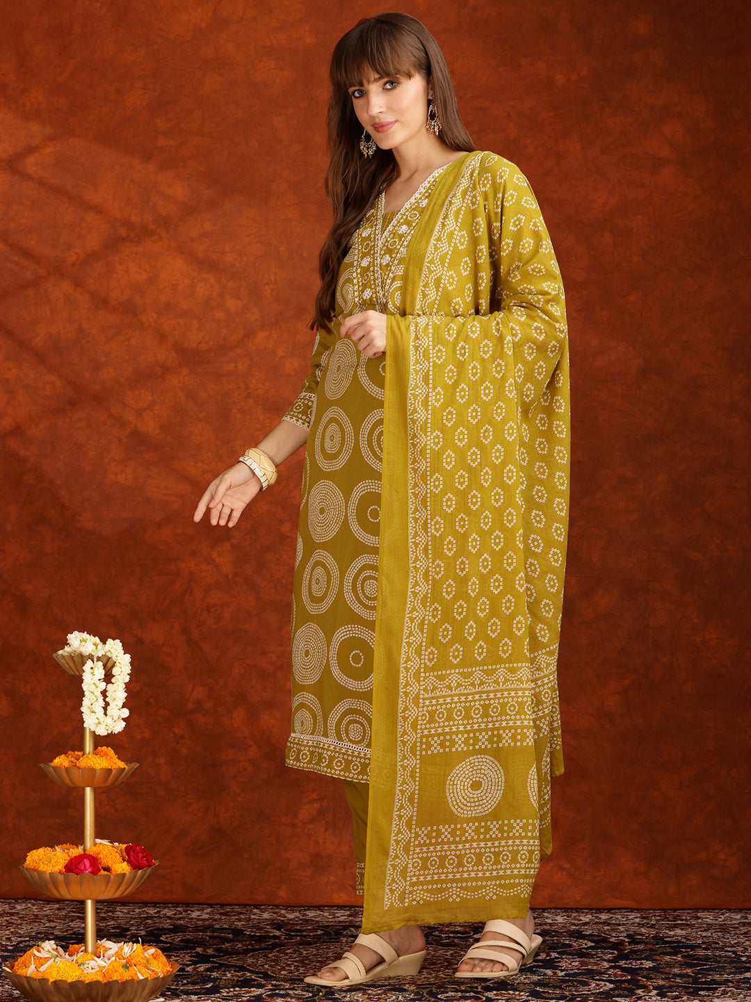 Embroidered & Printed Cotton Kurta With Pant And Dupatta, Yellow - Hiral Fashion