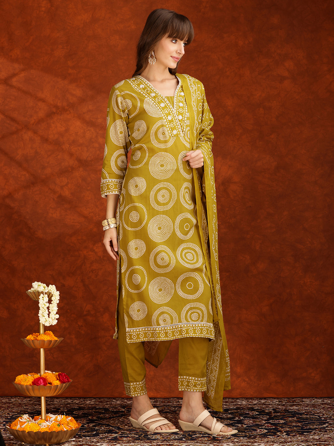 Embroidered & Printed Cotton Kurta With Pant And Dupatta, Yellow - Hiral Fashion