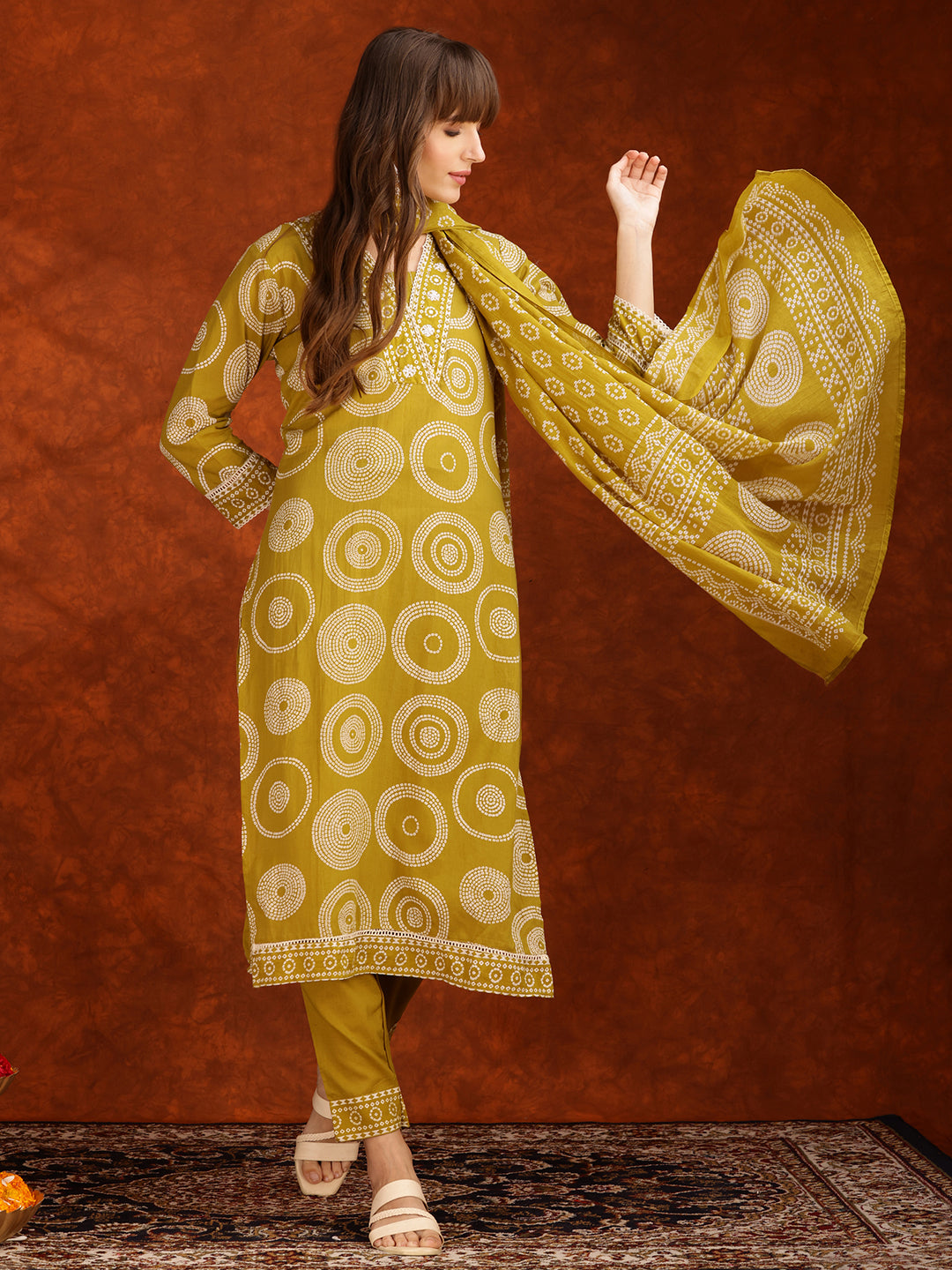 Embroidered & Printed Cotton Kurta With Pant And Dupatta, Yellow - Hiral Fashion
