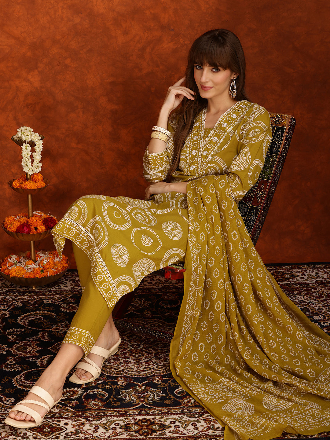 Embroidered & Printed Cotton Kurta With Pant And Dupatta, Yellow - Hiral Fashion