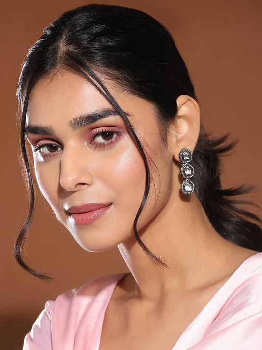 Black Geometric Kundan Drop Earrings - Ruby Raang  Grab2Buy Ruby Raang Grab2Buy