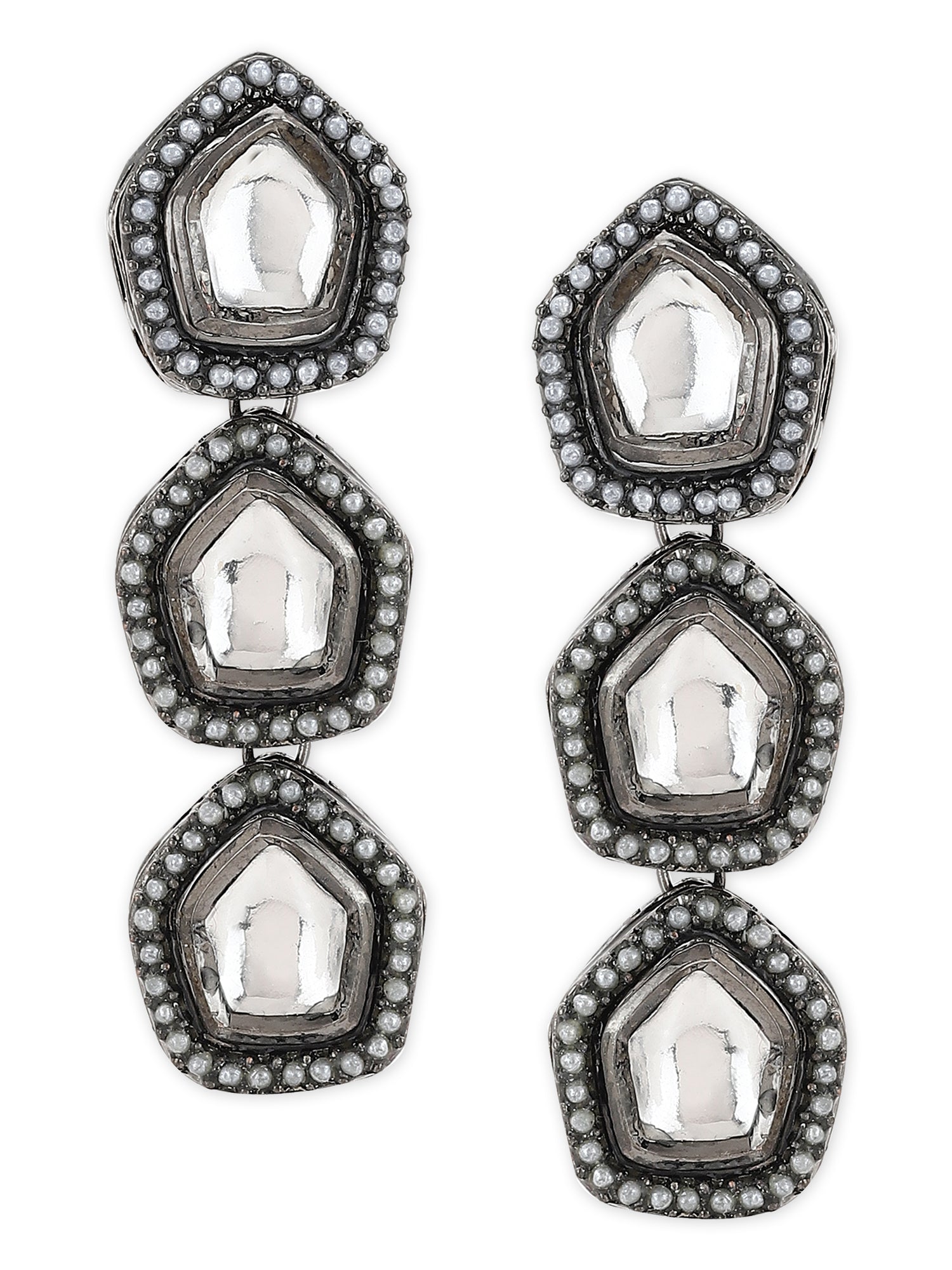 Black Geometric Kundan Drop Earrings - Ruby Raang - Grab2buy