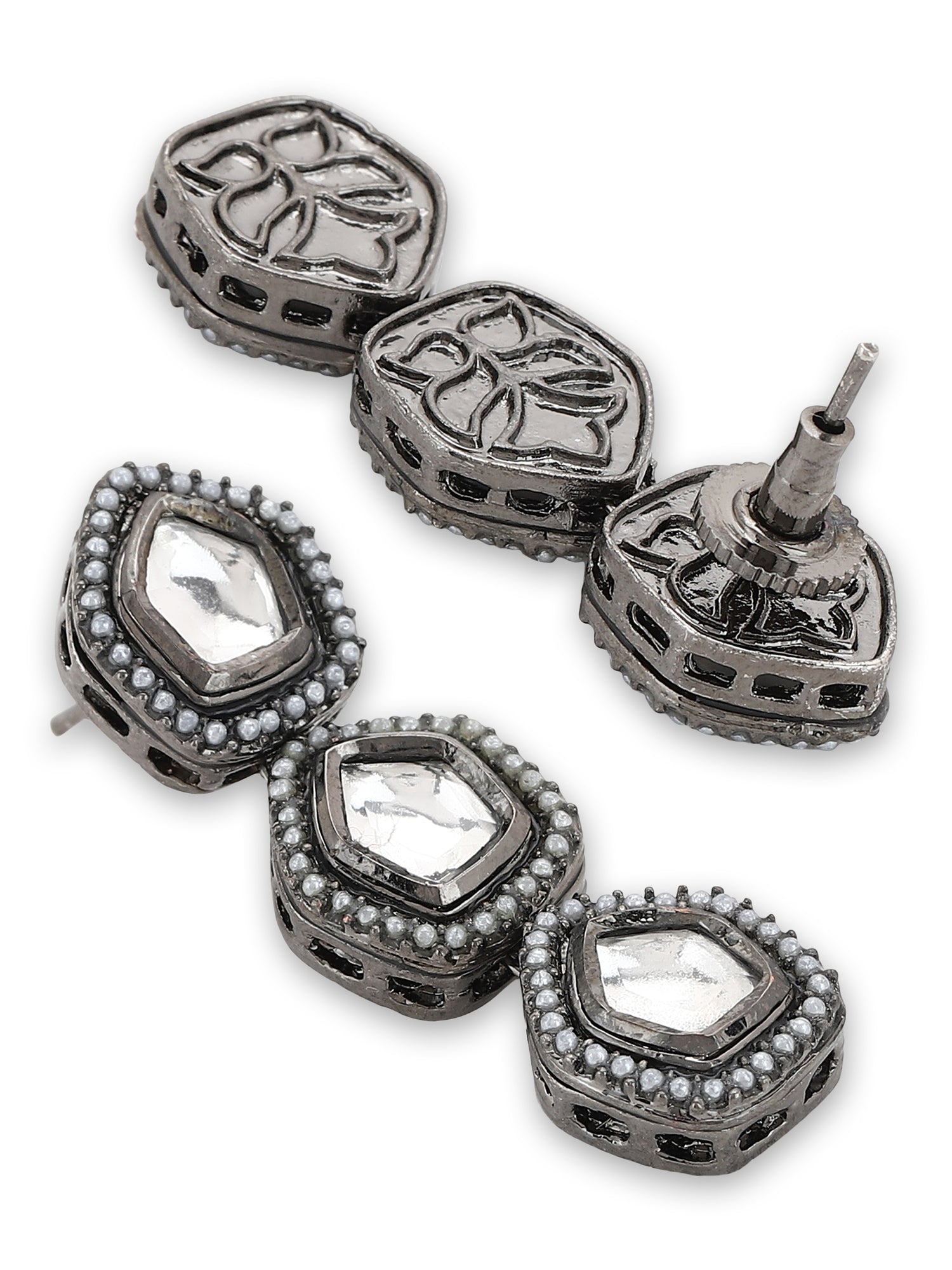 Black Geometric Kundan Drop Earrings - Ruby Raang - Grab2buy