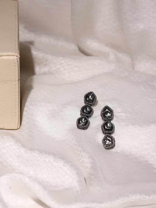 Black Geometric Kundan Drop Earrings - Ruby Raang - Grab2buy