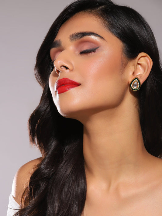 Green Gold Plated Teardrop Shaped Studs Earrings - Ruby Raang - Grab2buy