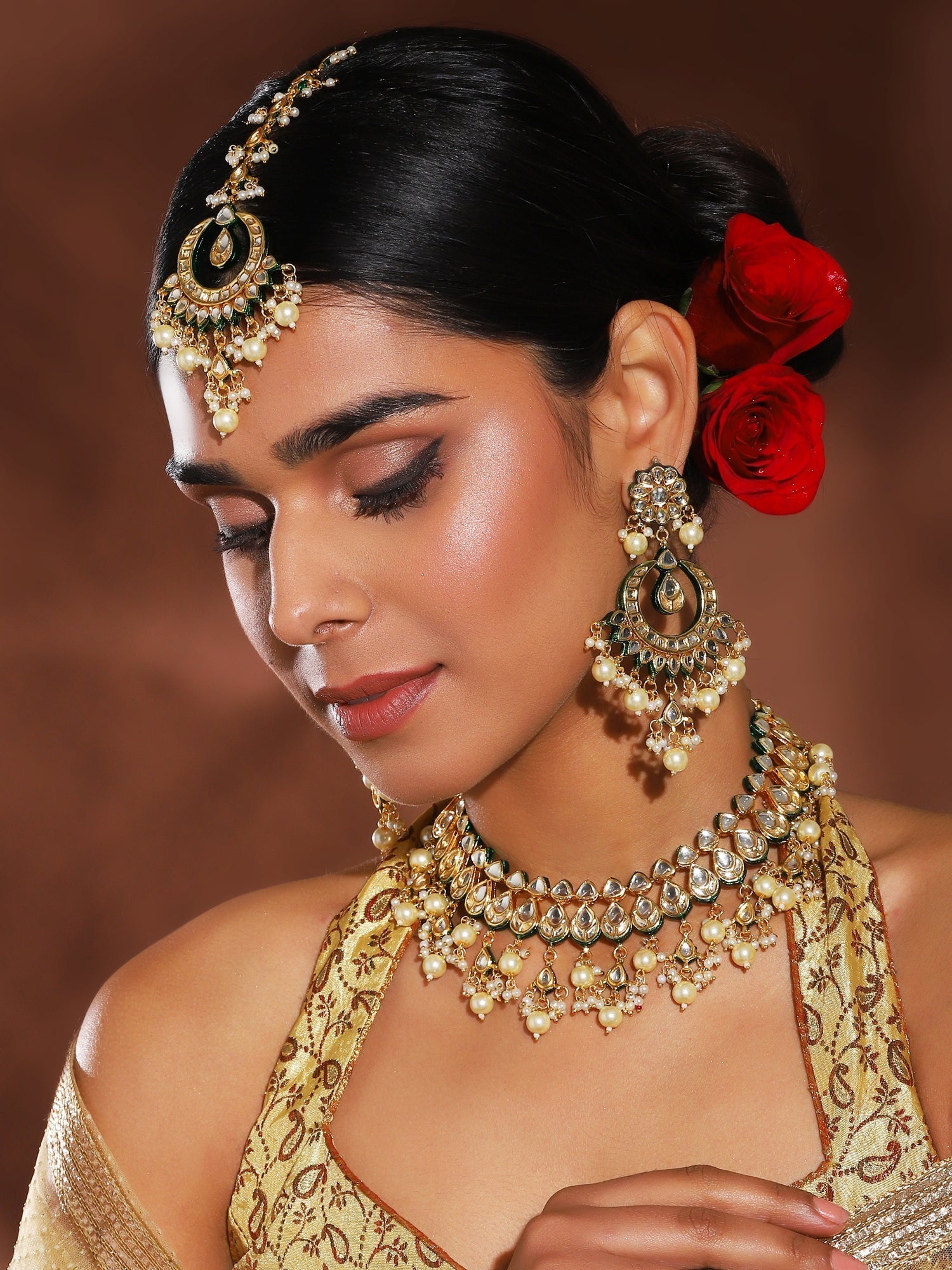 Gold-Plated Green Kundan-Studded Pearl Beaded Jewellery Set - Ruby Raang - Grab2buy