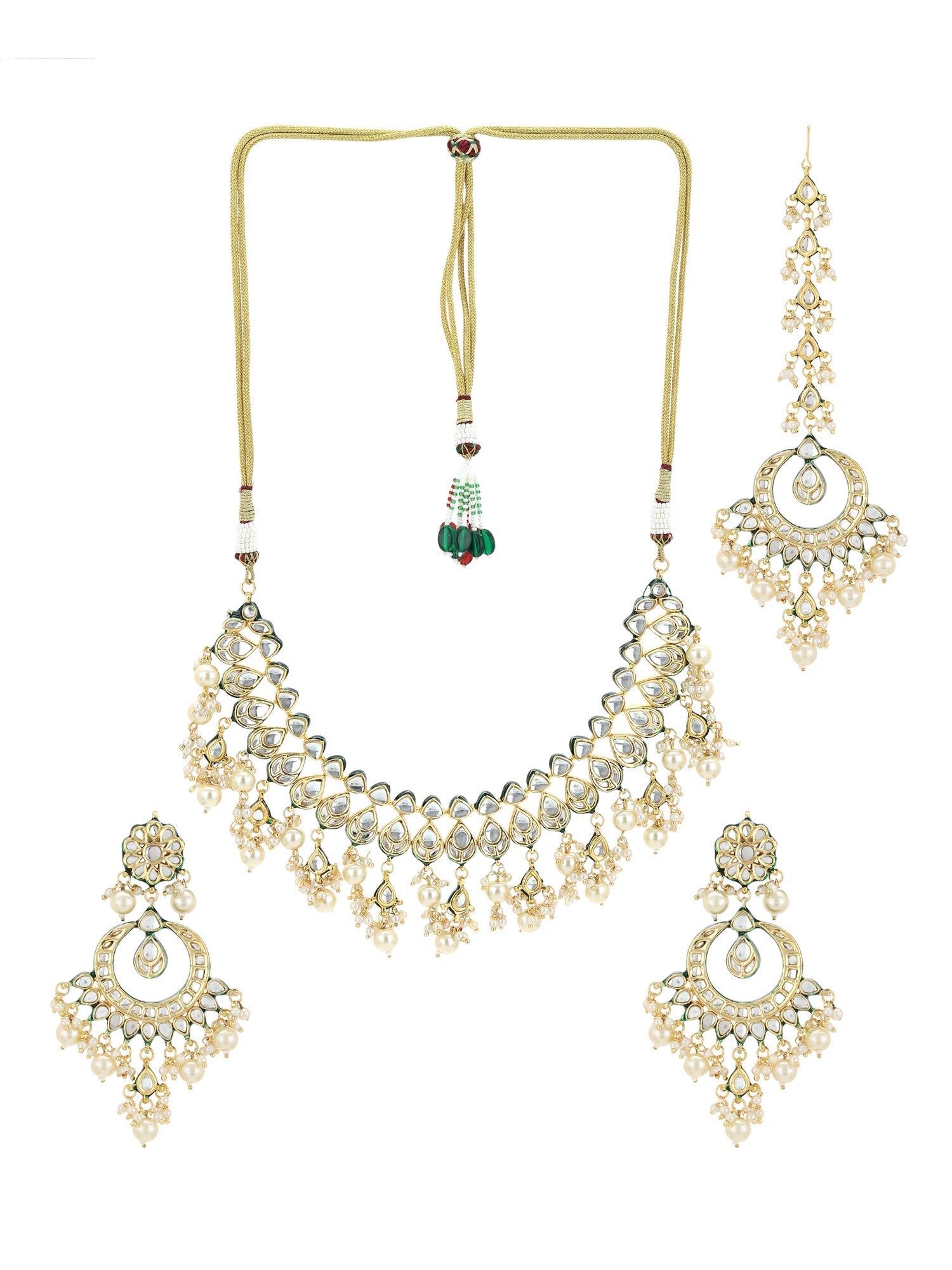 Gold-Plated Green Kundan-Studded Pearl Beaded Jewellery Set - Ruby Raang - Grab2buy