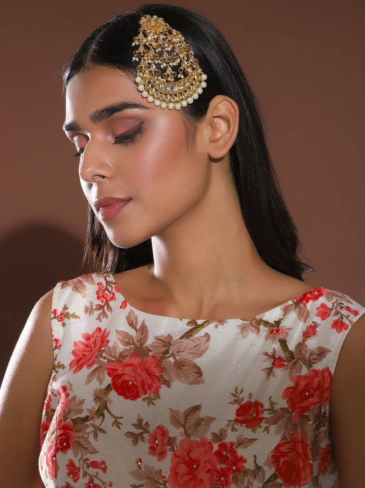 Gold-Plated White Kundan-Studded Beaded Handcrafted Jhumar Passa - Ruby Raang - Grab2buy