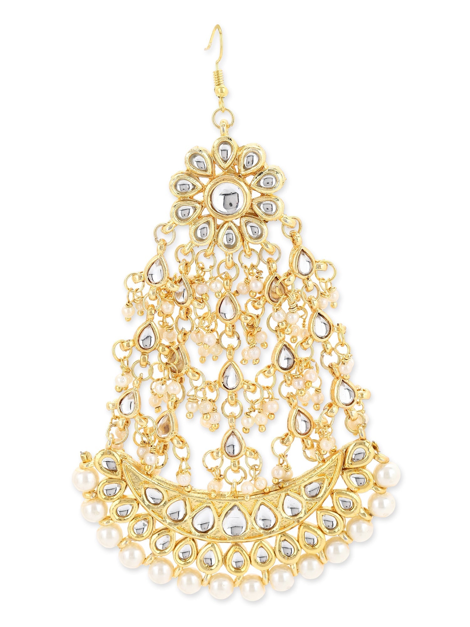 Gold-Plated White Kundan-Studded Beaded Handcrafted Jhumar Passa - Ruby Raang - Grab2buy