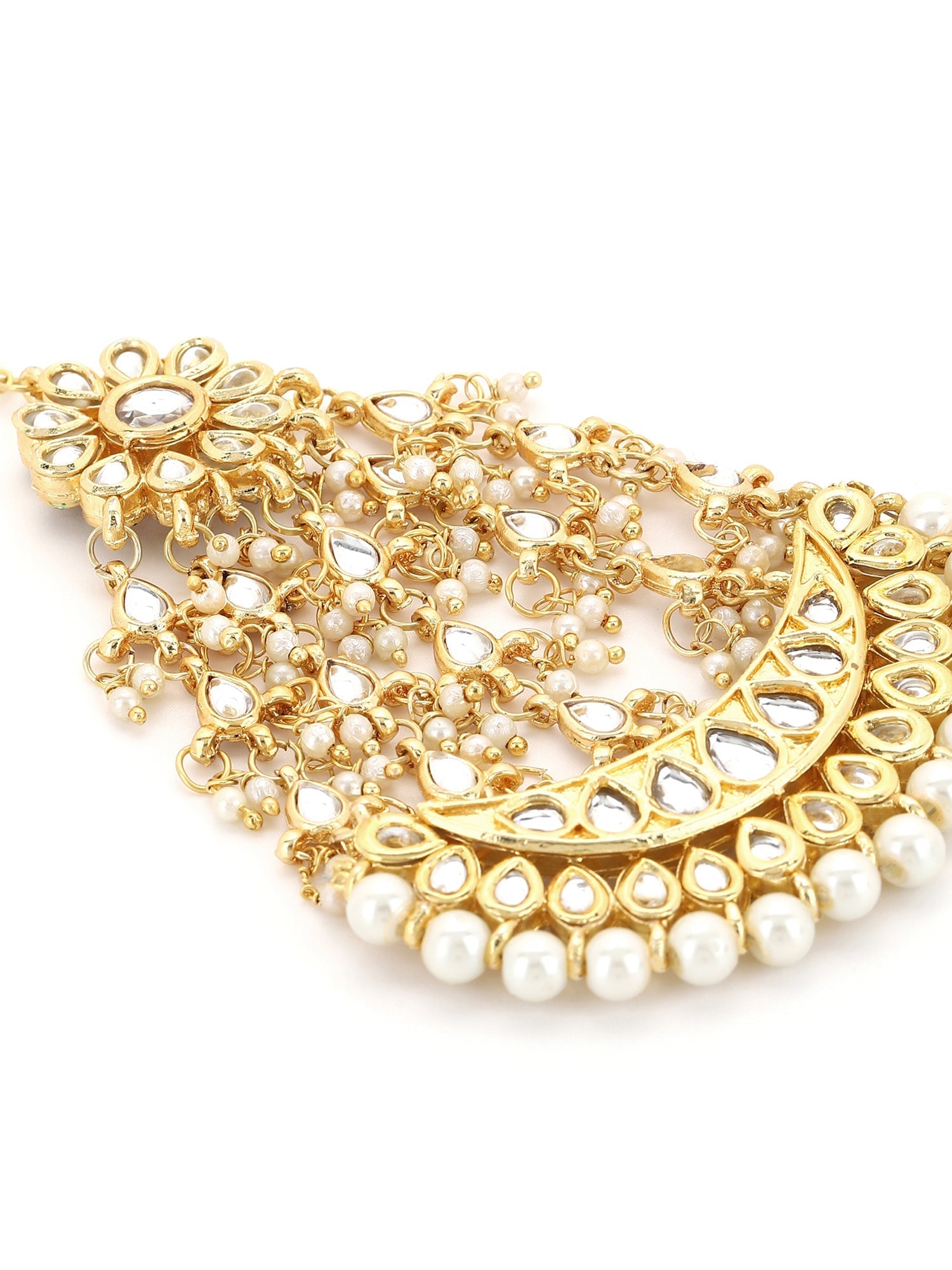 Gold-Plated White Kundan-Studded Beaded Handcrafted Jhumar Passa - Ruby Raang - Grab2buy
