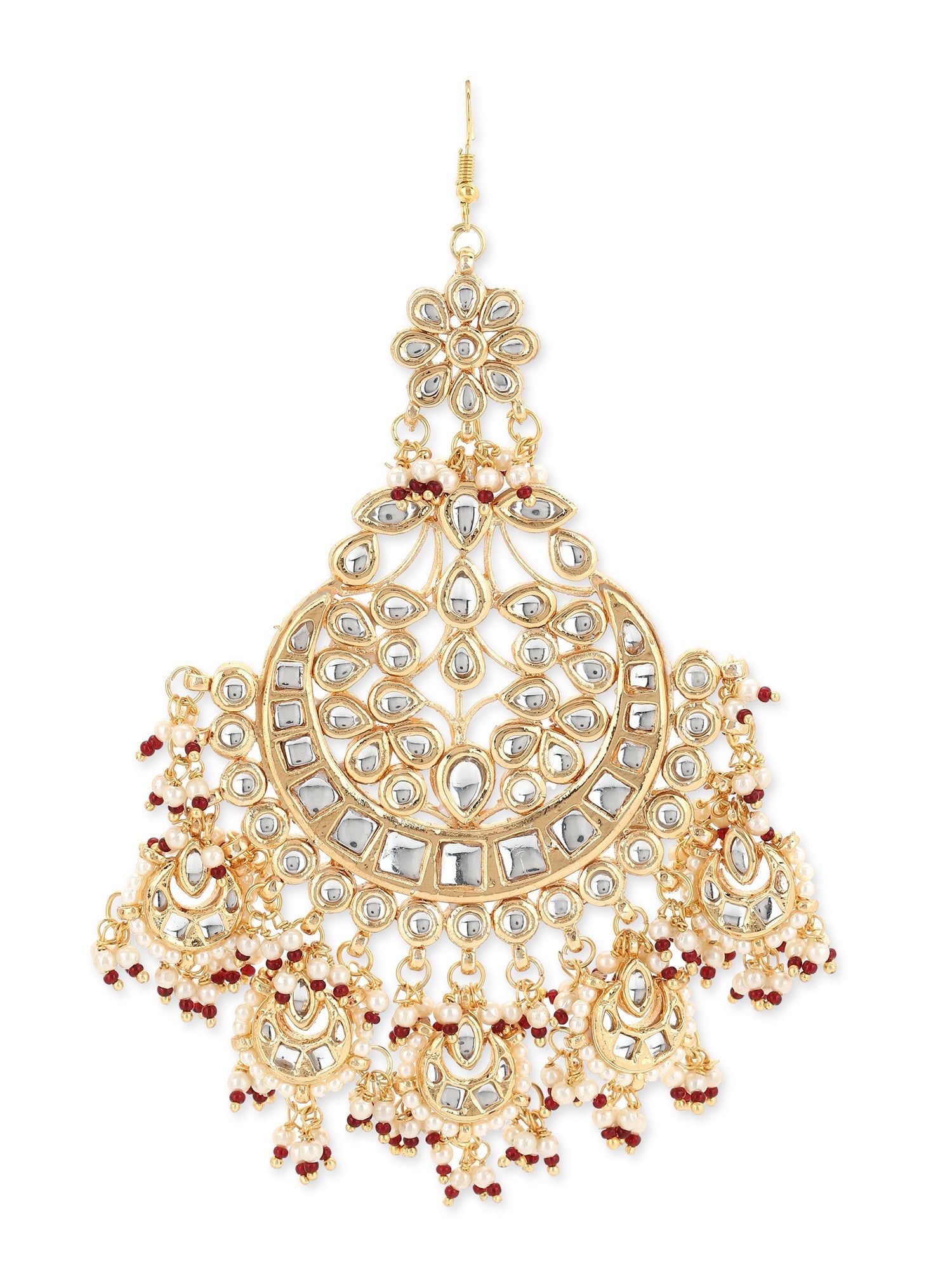 Women's Gold-Plated White Red Kundan-Studded Beaded Jhumar Passa - Ruby Raang - Grab2buy