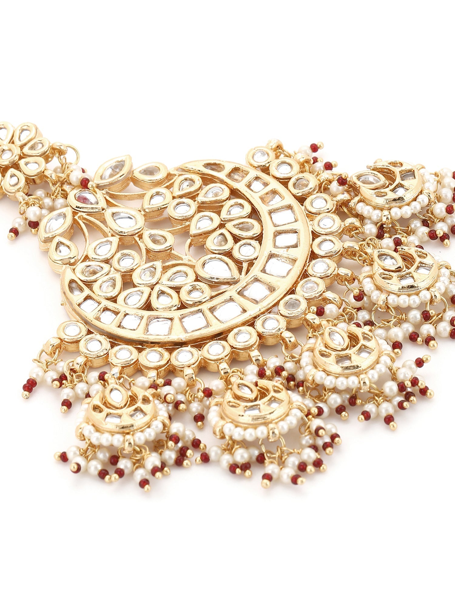 Women's Gold-Plated White Red Kundan-Studded Beaded Jhumar Passa - Ruby Raang - Grab2buy